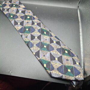 G.J. Cahn Vintage Silk Tie Green & Blue Geometric Pattern 3.5" Width Hand-Sewn